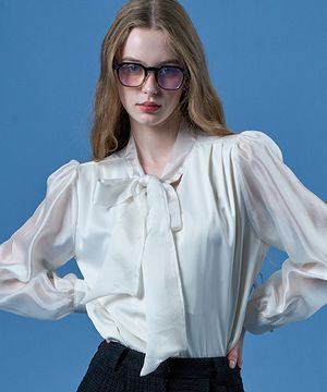 퍼프 쉬폰 진주 리본 타이 긴팔 블라우스 [IVORY] KCL.