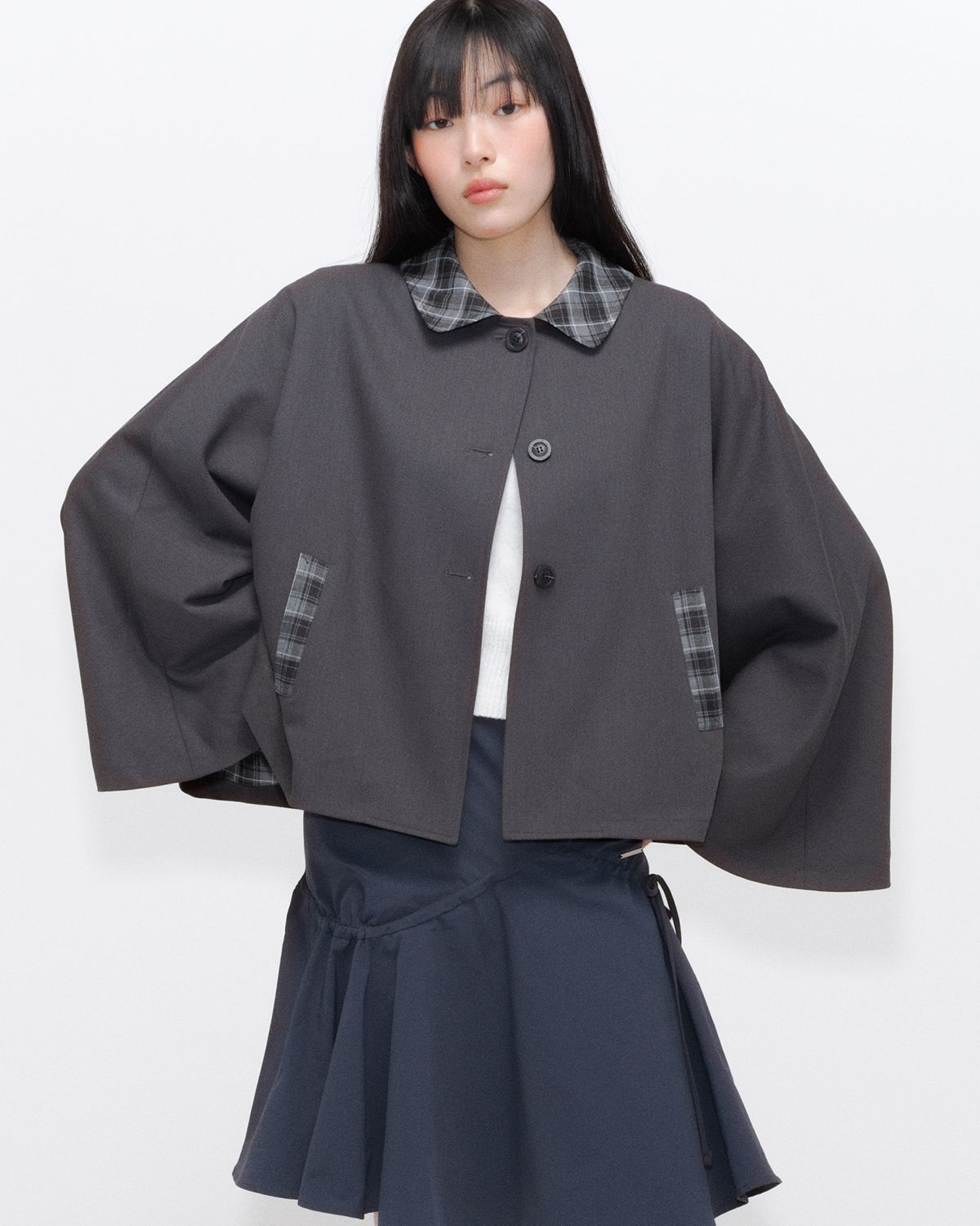 MISEKI SEOUL[ミセキソウル] Check Cape Jacket CHARCOAL MUSINSA | MISEKI SEOUL Check cape jacket CHARCOAL