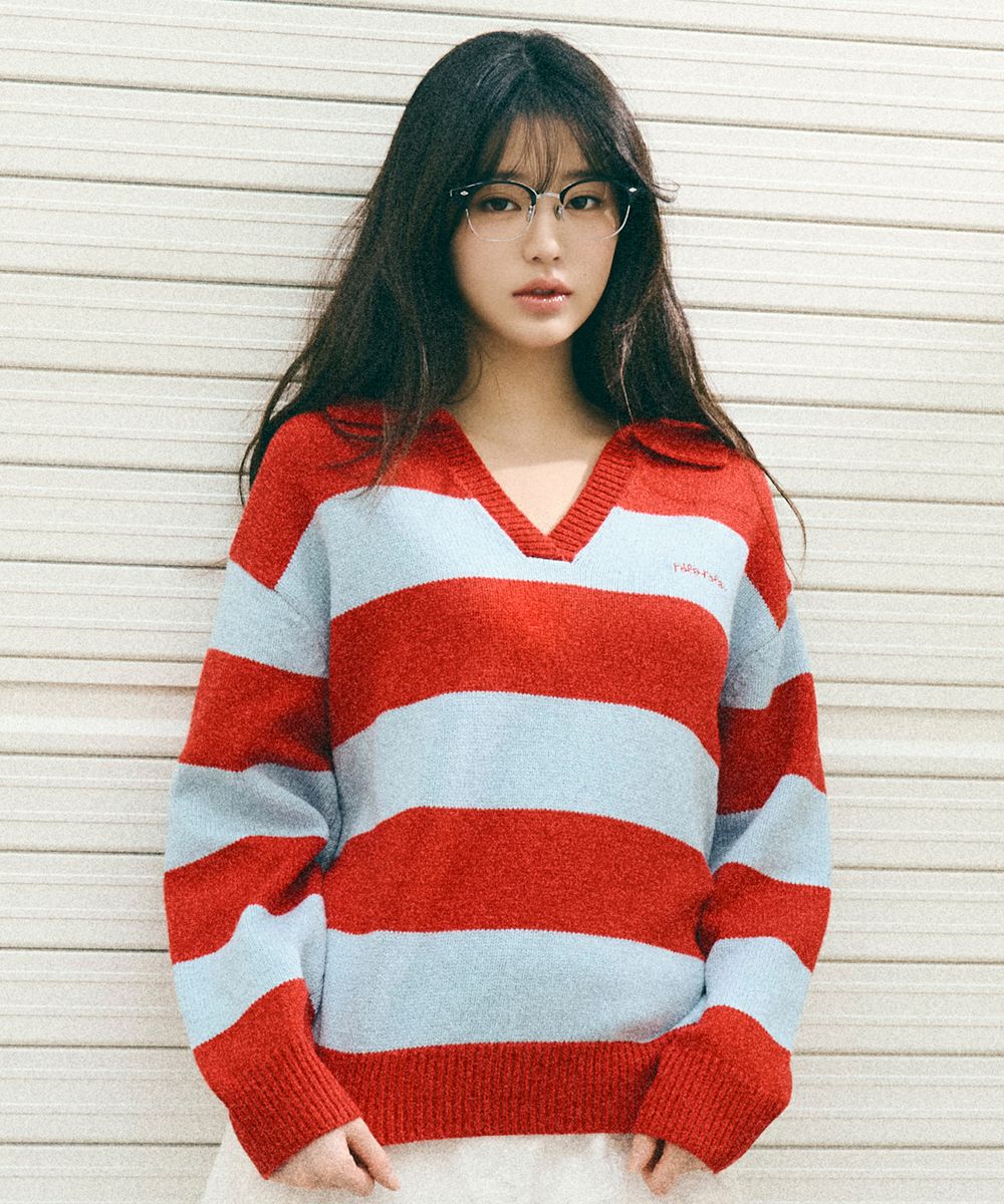 WOOL BLENDED COLLAR STRIPE BOARDER KNIT RD+BL