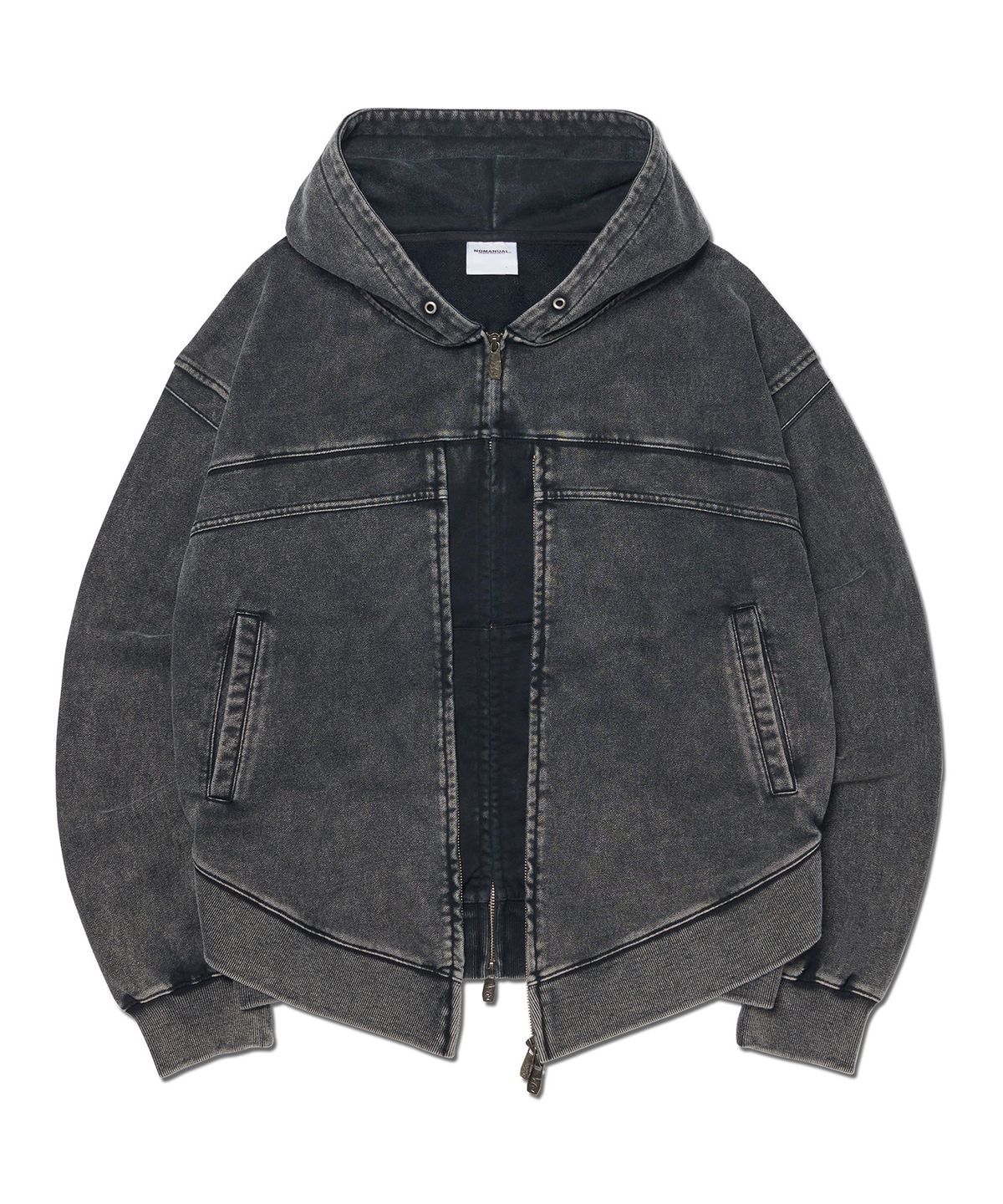 노매뉴얼(NOMANUAL) VINTAGE LAYER HOODED ZIP-UP - WASHED BLACK