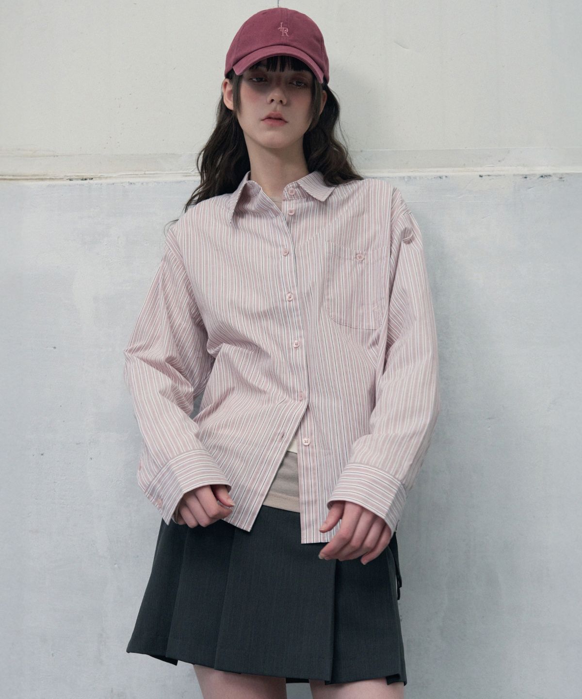 레더리(LEATHERY) 스몰 로고 스트라이프 코튼 셔츠 [PINK]