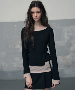스트랩 언발란스 레이어드 롱슬리브 [BLACK]
