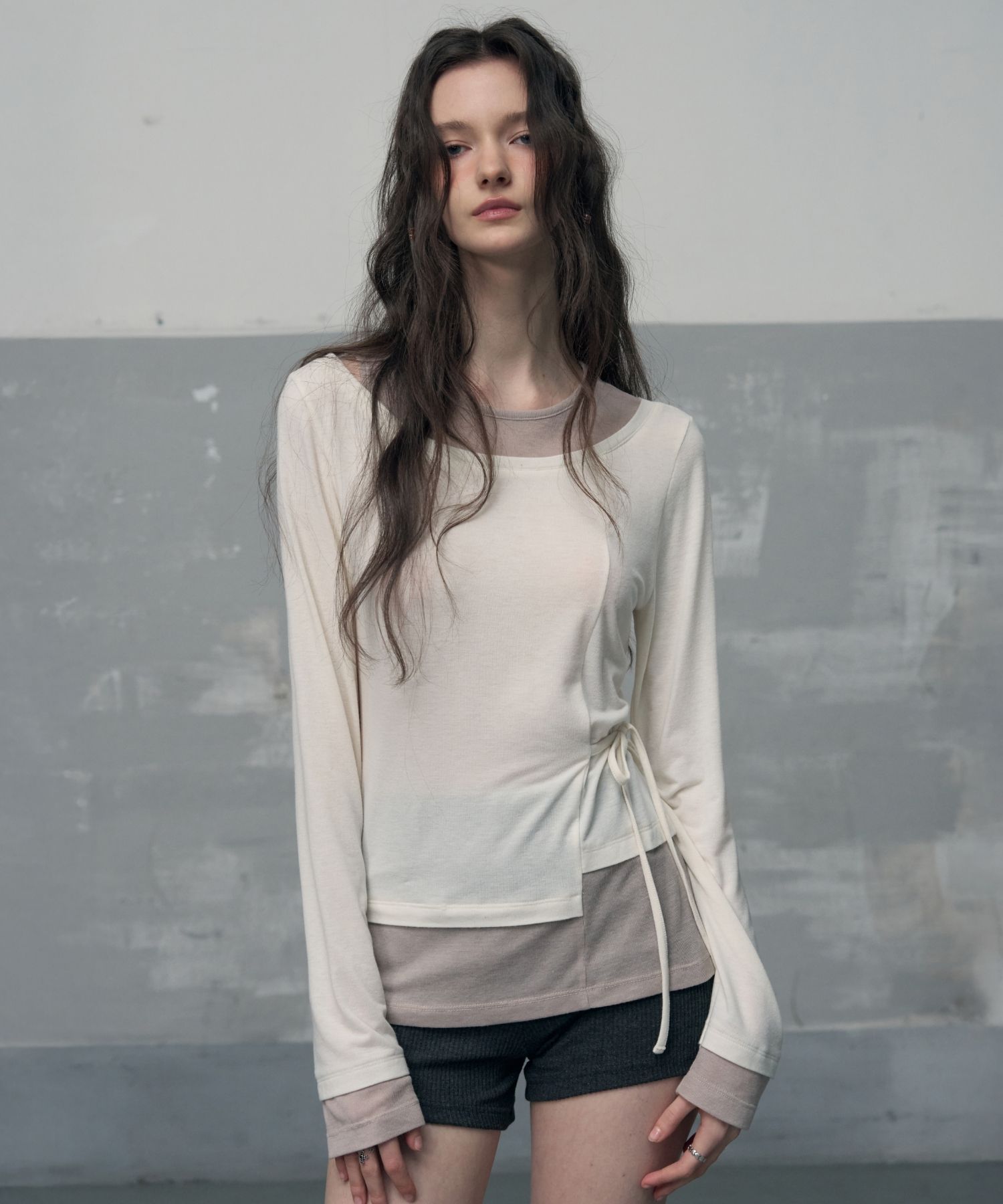 Tシャツ・カットソー ^LEATHERY^ Strap unbalanced layered long sleeve IVORY LRTS51 MUSINSA | LEATHERY Strap Unbalanced Layered Long Sleeve [IVORY]