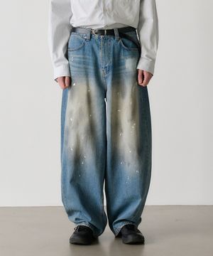 wide curved denim pants (painting blue)
