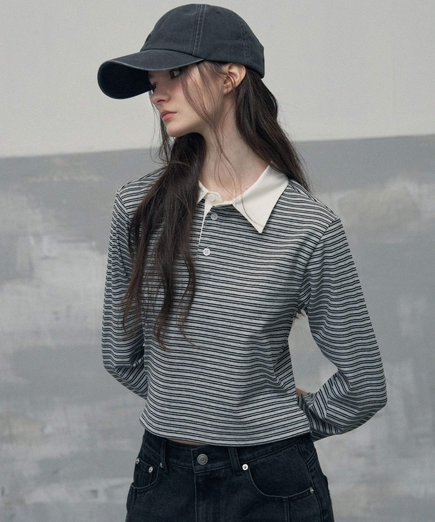 Tシャツ・カットソー ^LEATHERY^ Multi-stripe cropped rugby shirt MELANGE GRAY LRT MUSINSA | LEATHERY Multi Stripe Crop Rugby Shirt [MELANGE GREY]