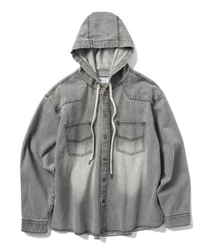 투 포켓 워싱 데님 후드 셔츠 - 워시드 그레이