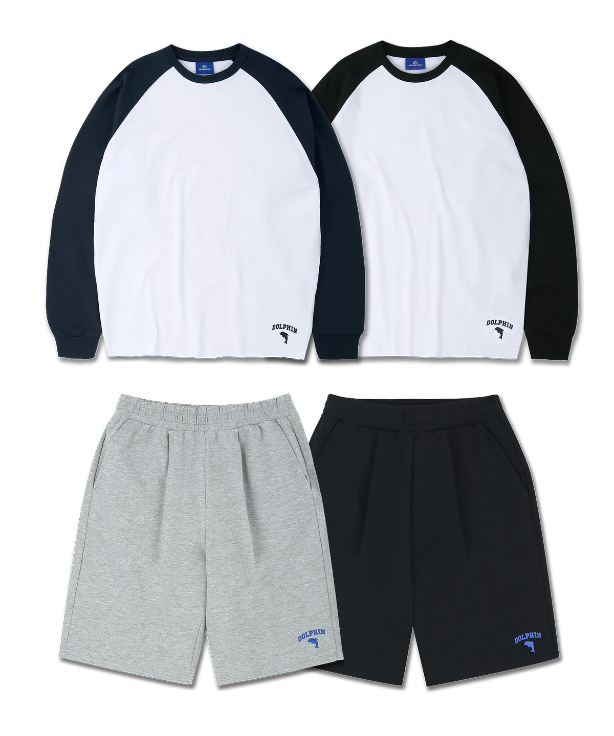 돌핀웨이브어패럴(DOLPHIN WAVE APPAREL) [세트] 돌핀 실리콘프린트 라글란 긴팔티셔츠+원턱 스웨트 쇼츠