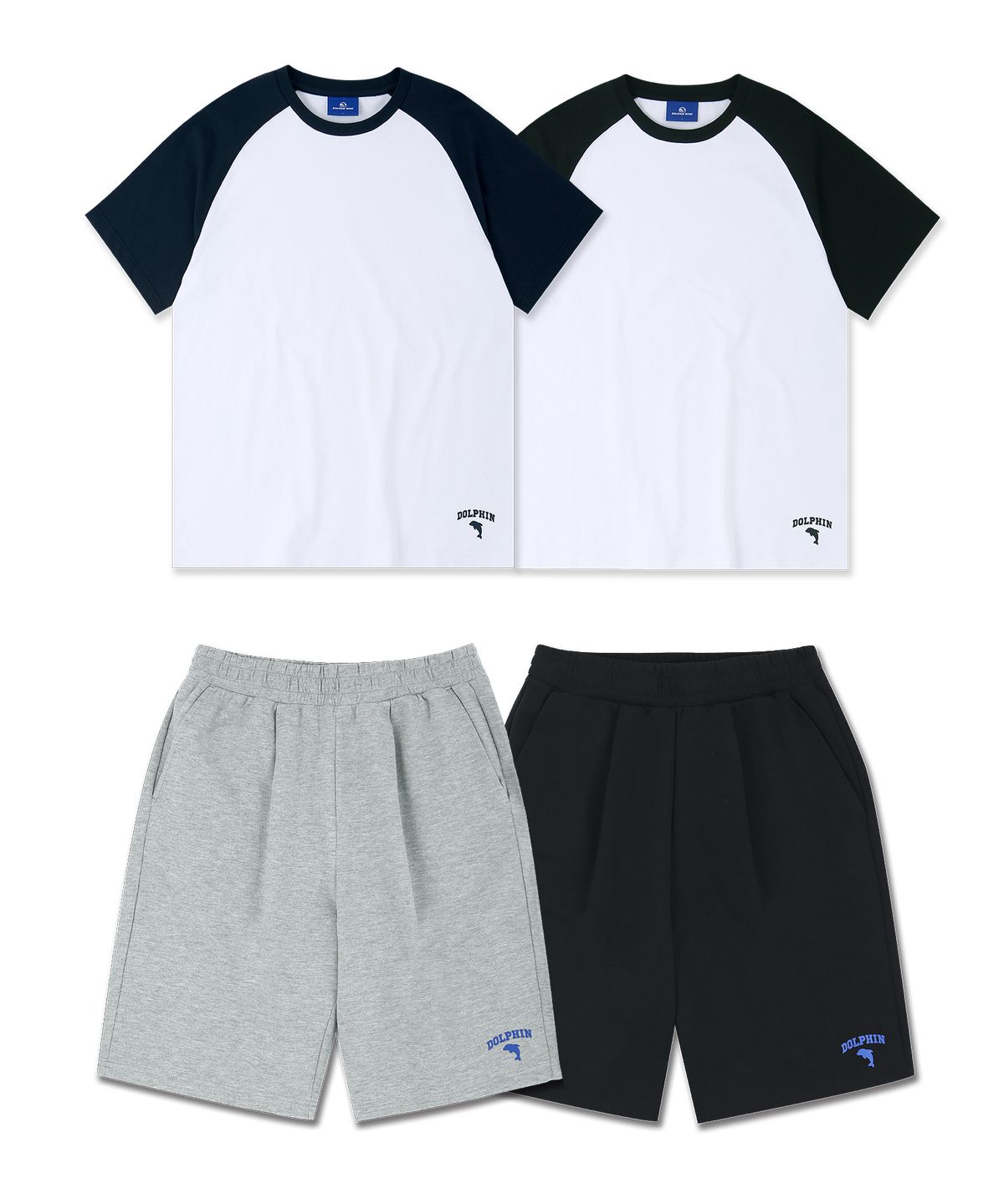 돌핀웨이브어패럴(DOLPHIN WAVE APPAREL) [세트] 돌핀 실리콘프린트 라글란 반팔티셔츠+원턱 스웨트 쇼츠