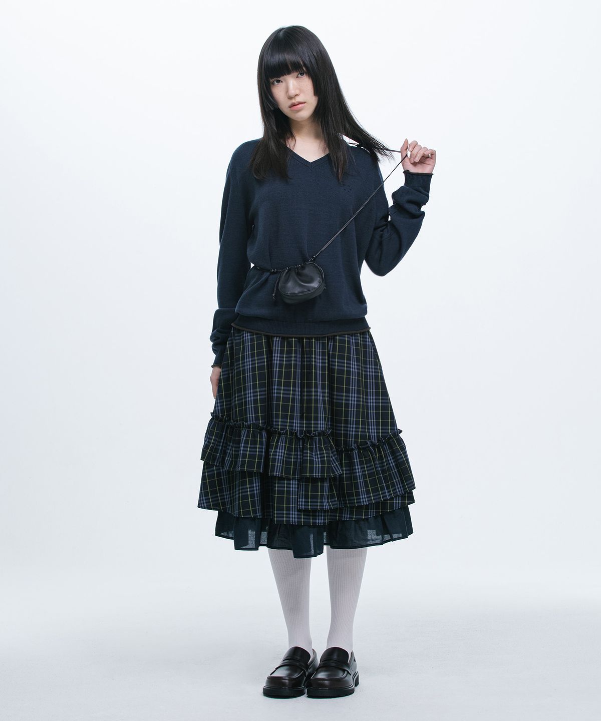 오헤시오(OHESHIO) CHECK FRILL MIDI SKIRT, NAVY