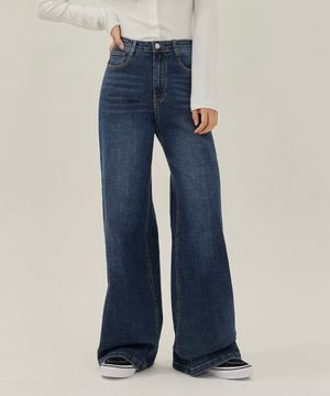 [기본기장/긴기장] 브로드 부츠컷핏 롱 와이드 허리스판 데님 팬츠 (블루)