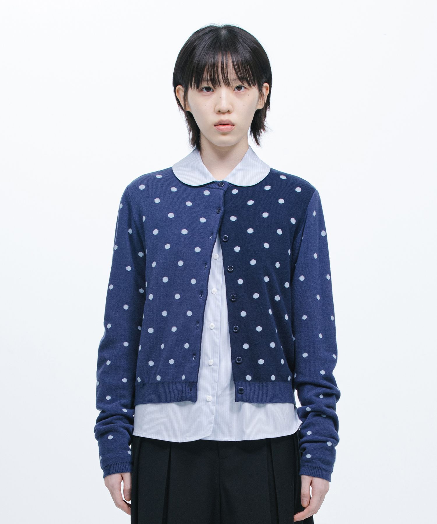 トップス OHESHIO dot two tone cardigan MUSINSA公式 | OHESHIO DOT TWO TONE CARDIGAN, NAVY