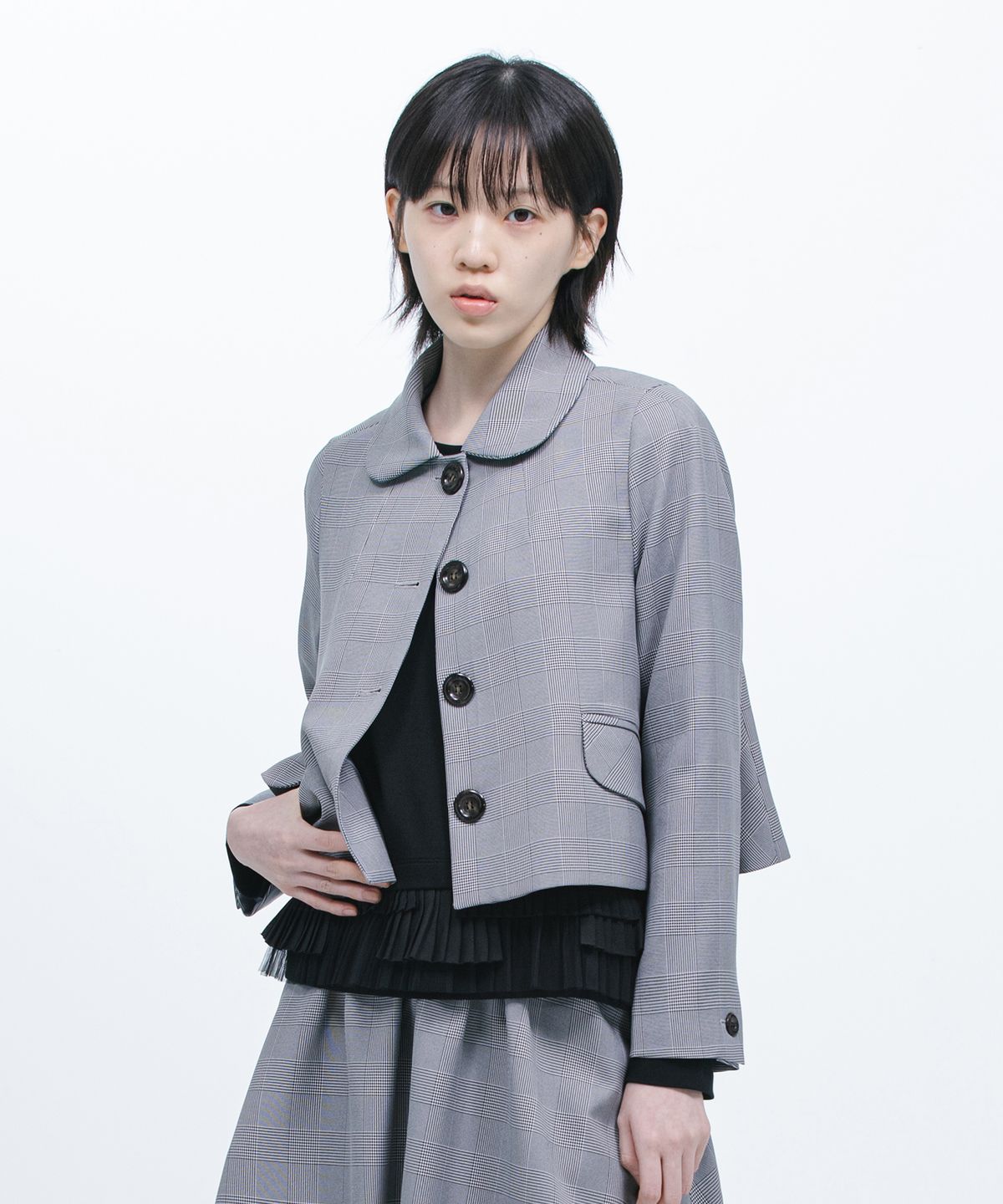 오헤시오(OHESHIO) ROUND COLLAR SEMI-CROP JACKET, CHECK