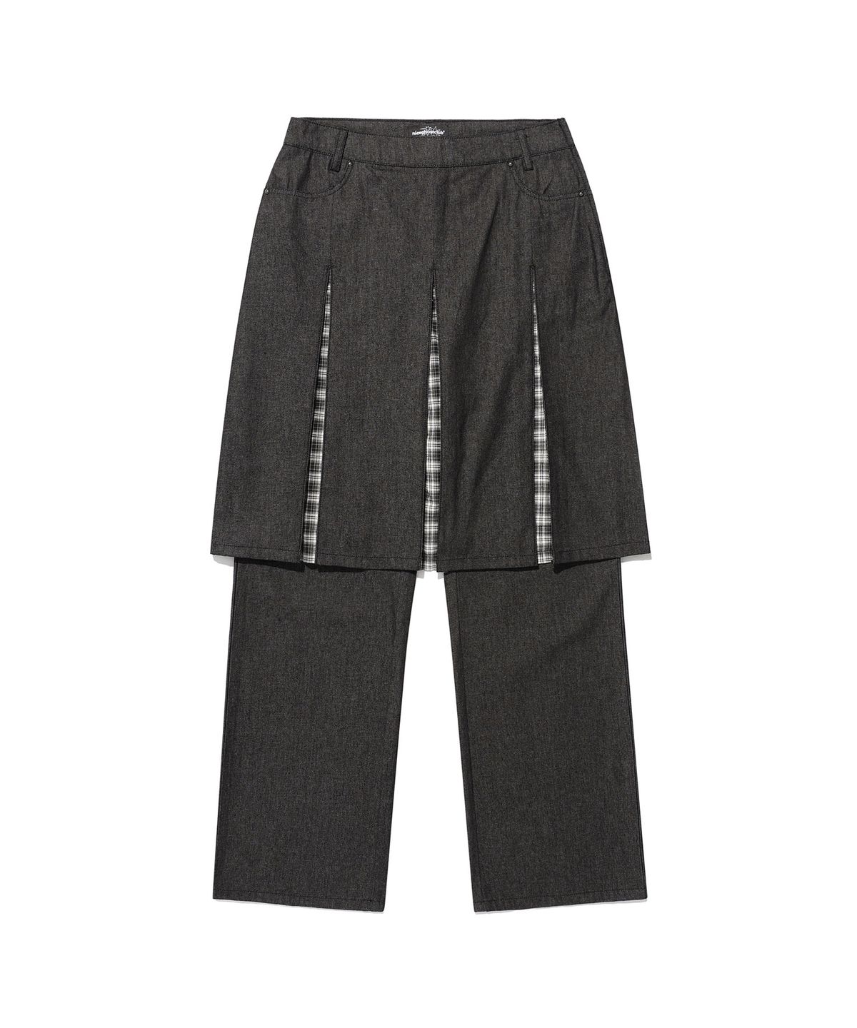 나이스고스트클럽(NICEGHOSTCLUB) DENIM PLEATS PANEL LAYERED SKIRT PANTS_BLACK(NG2FSUD103A)