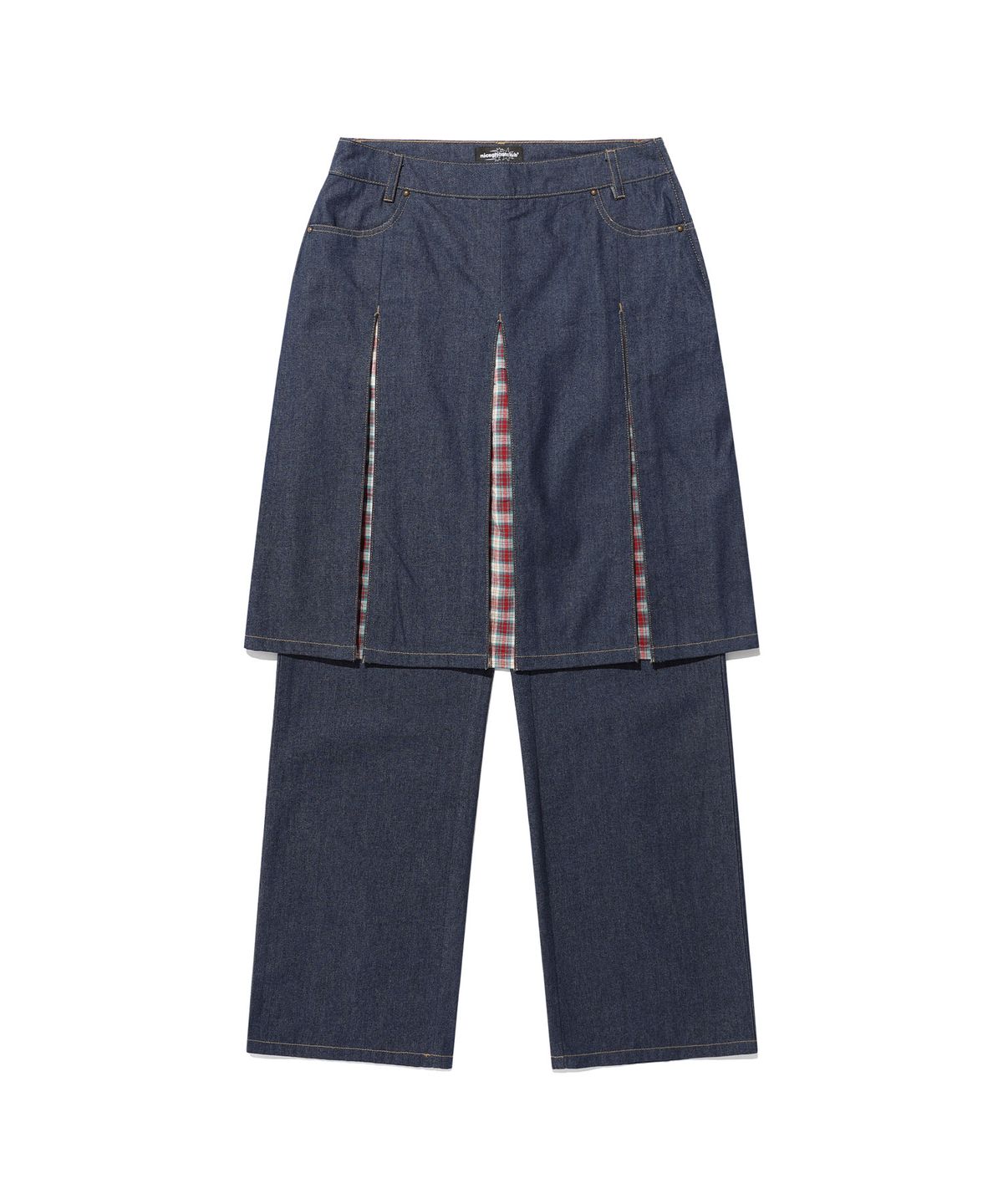 나이스고스트클럽(NICEGHOSTCLUB) DENIM PLEATS PANEL LAYERED SKIRT PANTS_INDIGO(NG2FSUD103A)