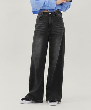 [기본기장/긴기장] 브로드 부츠컷핏 롱 와이드 허리스판 데님 팬츠 (블랙)