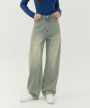 여성 워싱 롱 와이드 데님 팬츠 (연청 틴)