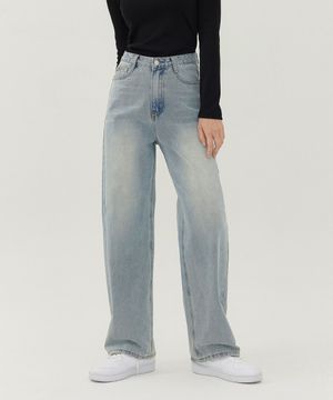 여성 워싱 롱 와이드 데님 팬츠 (연청)