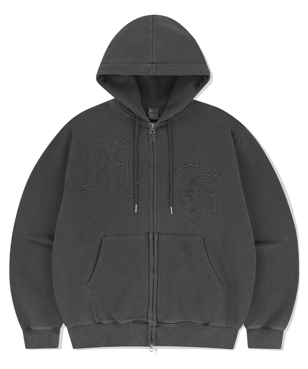 마하그리드(MAHAGRID) BIG GOTHIC CUT OFF PIGMENT ZIP-UP HOODIE CHARCOAL(MG2FSMM491A)