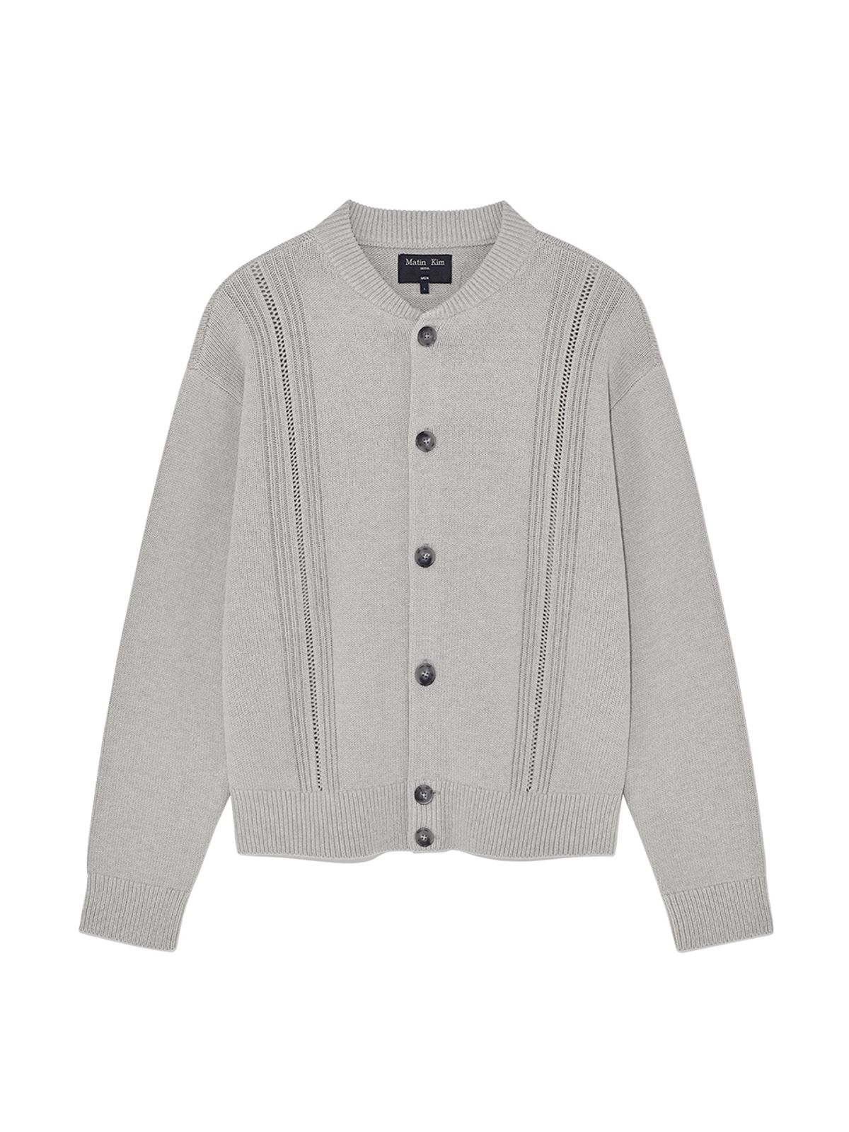 마뗑킴(MATIN KIM) PUNCHING LINE POINT ROUND NECK CARDIGAN FOR MEN IN GREY