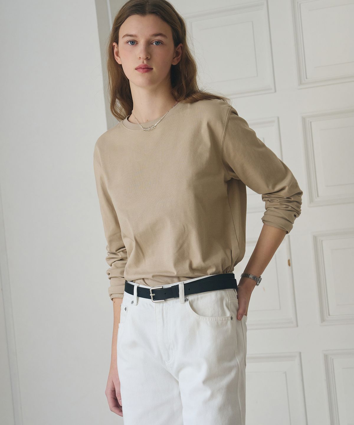 드로우핏 우먼(DRAWFIT WOMEN) 수피마 실켓 롱 슬리브 티셔츠 [BEIGE]