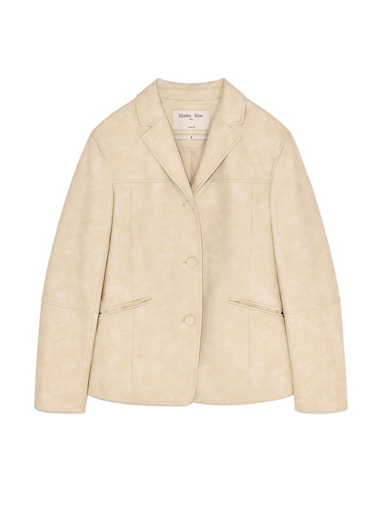 WASHED MATT LEATHER SINGLE BLAZER IN LIGHT BEIGE
