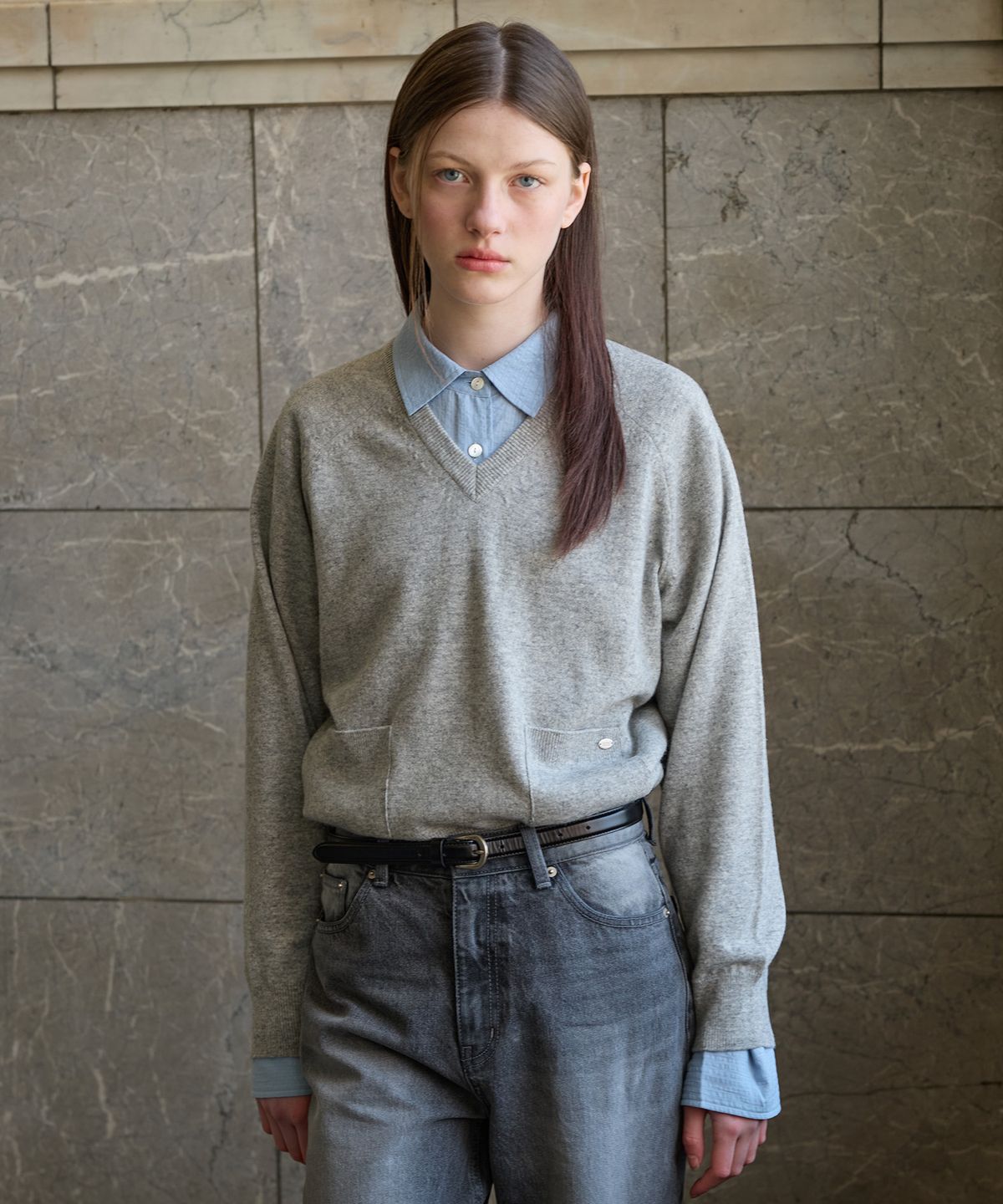 튜드먼트(TTUDEMENT) V-NECK KNIT PULLOVER MELANGE GREY