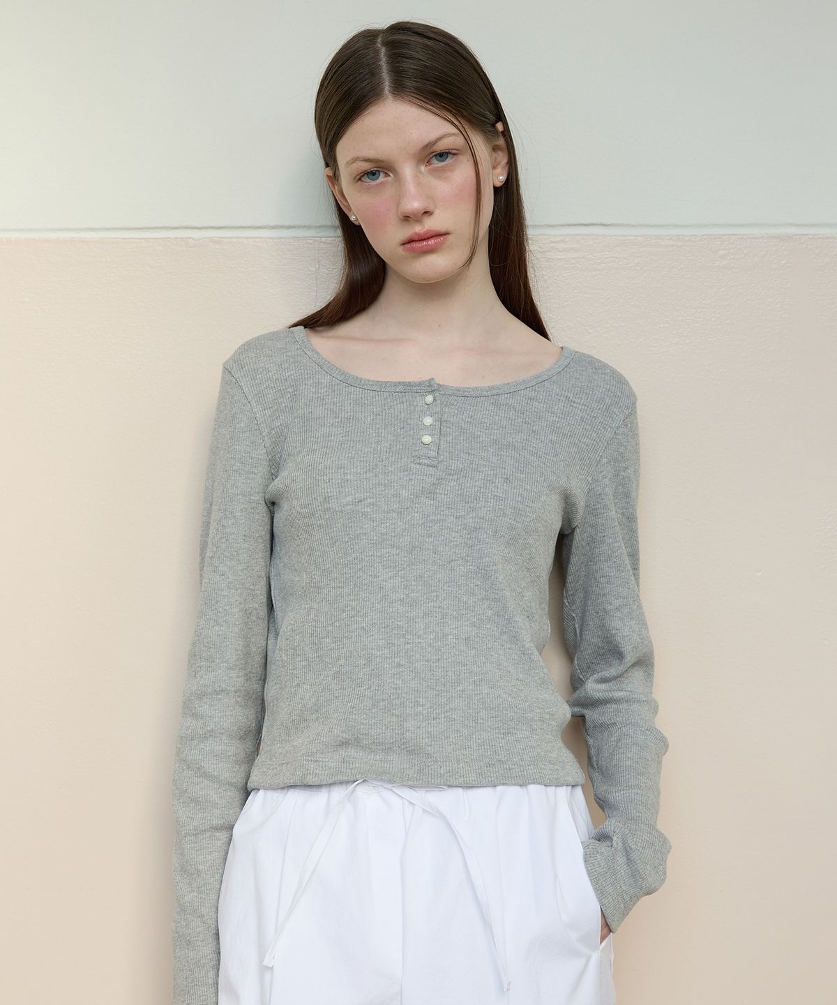 튜드먼트(TTUDEMENT) BUTTON LONG SLEEVE TOP MELANGE GREY
