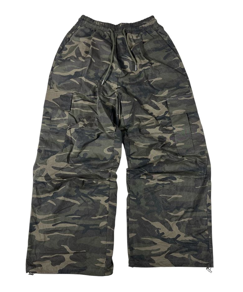 Camouflage Cotton Cargo Wide Pants ((Khaki))