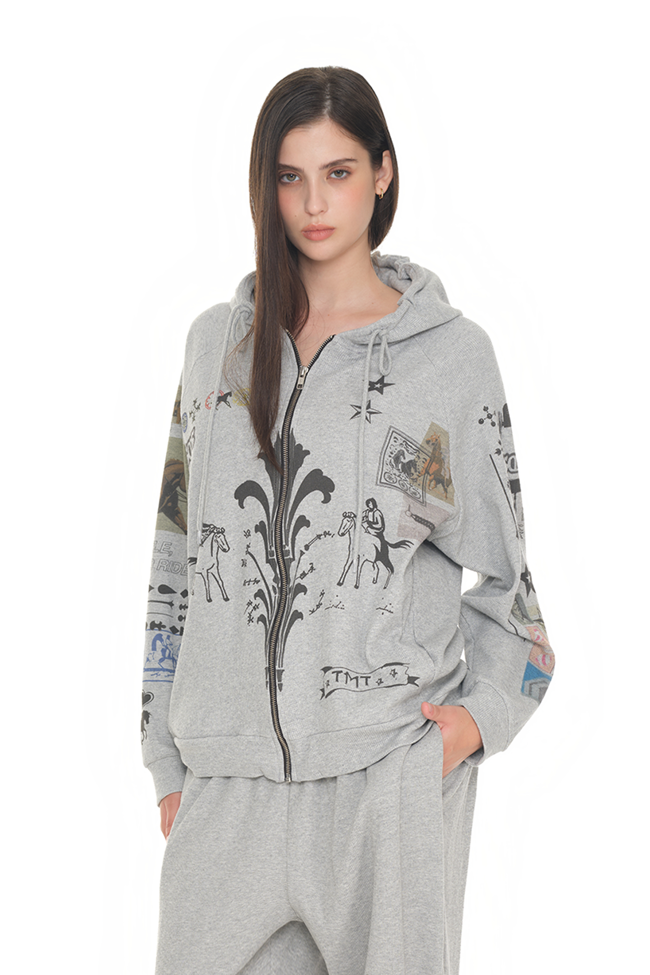 MUSINSA | TOOMUCHTAX PRINTED WAFFLE ZIP-UP HOODIE (GREY)