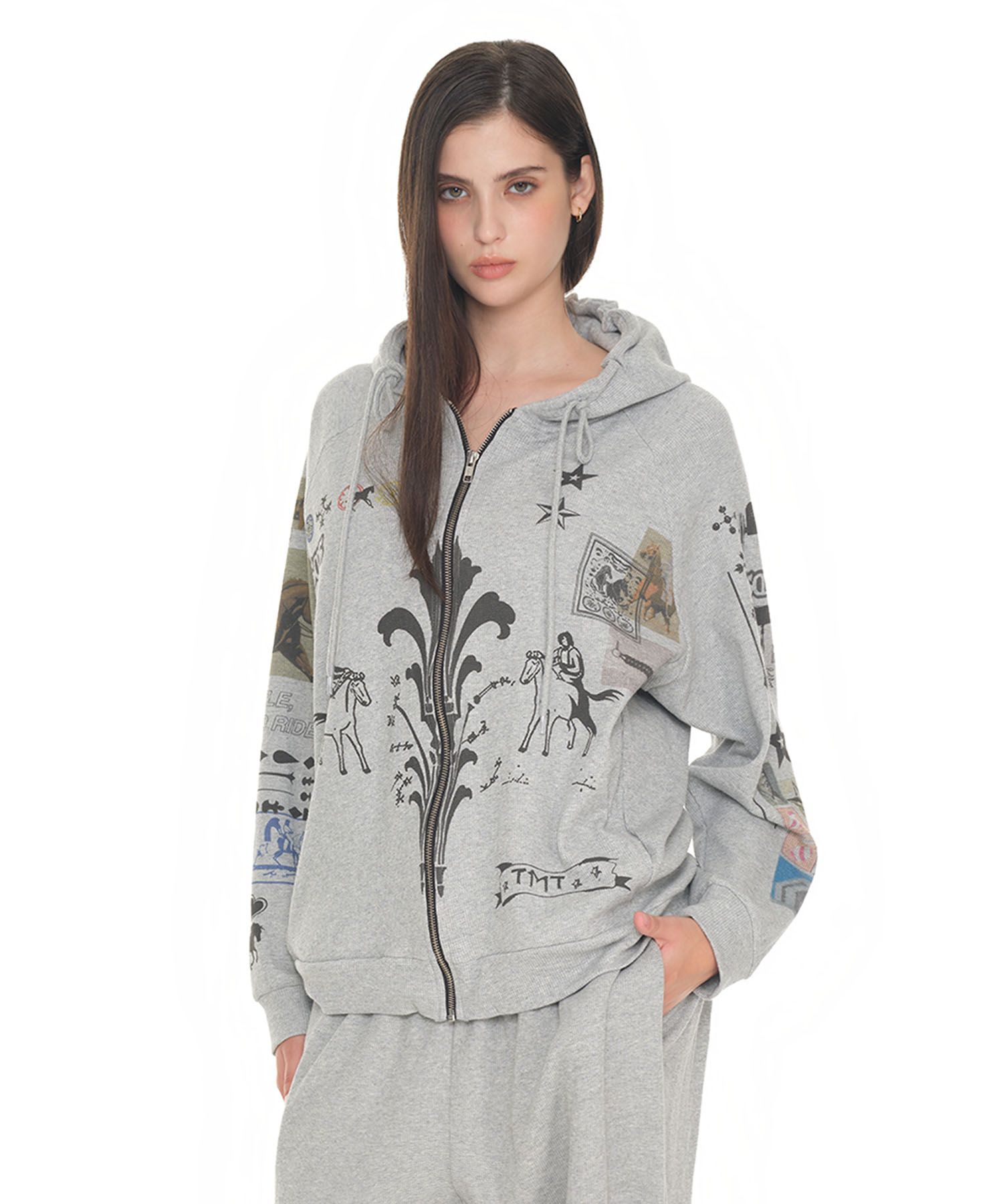MUSINSA | TOOMUCHTAX PRINTED WAFFLE ZIP-UP HOODIE (GREY)