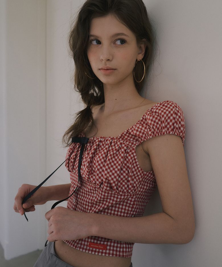 RIBBON HEART NECK VOLUME BLOUSE_RED CHECK