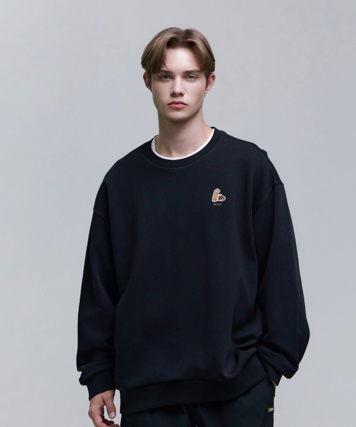 내셔널지오그래픽(NATIONALGEOGRAPHIC) N251USW940 동물 와펜 세미 오버핏 맨투맨 CARBON BLACK