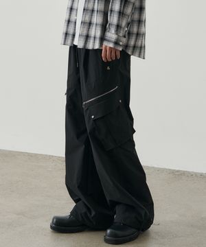 폴리시드 멀티 와이드 카고 팬츠 [블랙]