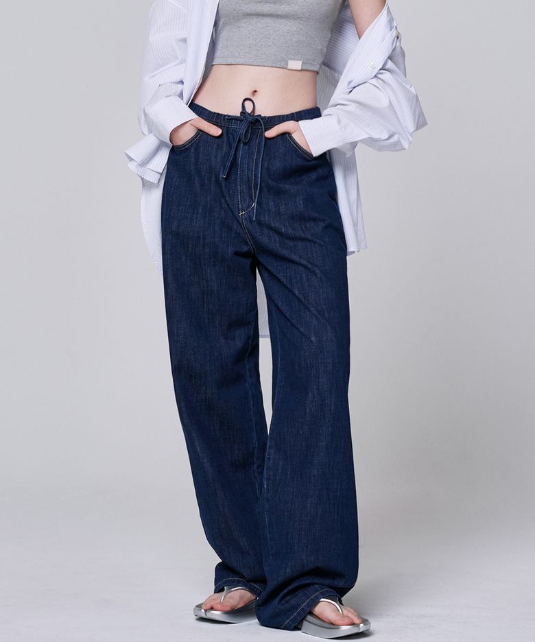 9142 경량 밴딩 와이드 데님팬츠 (다크 인디고)