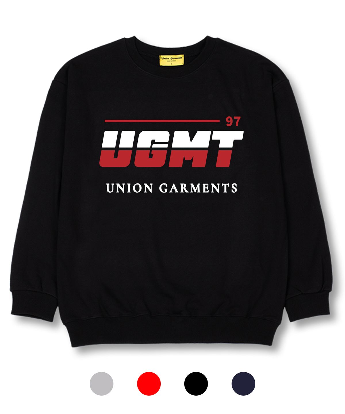 유니온가먼츠(UNION GARMENTS) 투컬러 가먼츠로고 쭈리 오버핏 맨투맨 티셔츠