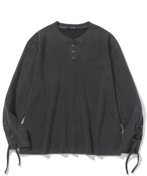 Pigment Sleeve Lace Henley Neck Long Sleeve - Charcoal