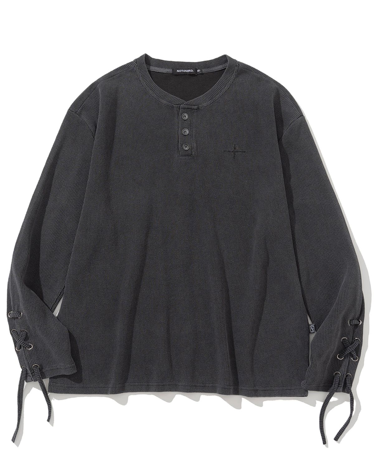 낫포너드(NOT4NERD) Pigment Sleeve Lace Henley Neck Long Sleeve - Charcoal