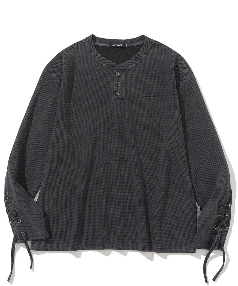 Pigment Sleeve Lace Henley Neck Long Sleeve - Charcoal