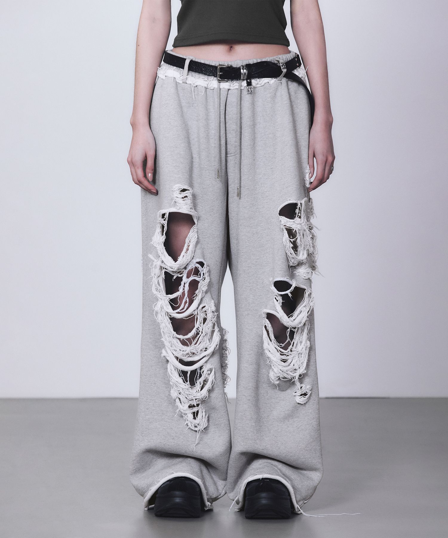 ★TREEMING BIRD★ Scratch Damage Wide Sweat Pants 4COLOR Scratch Damage Wide Sweat Pants [ White ] - TREEMINGBIRD