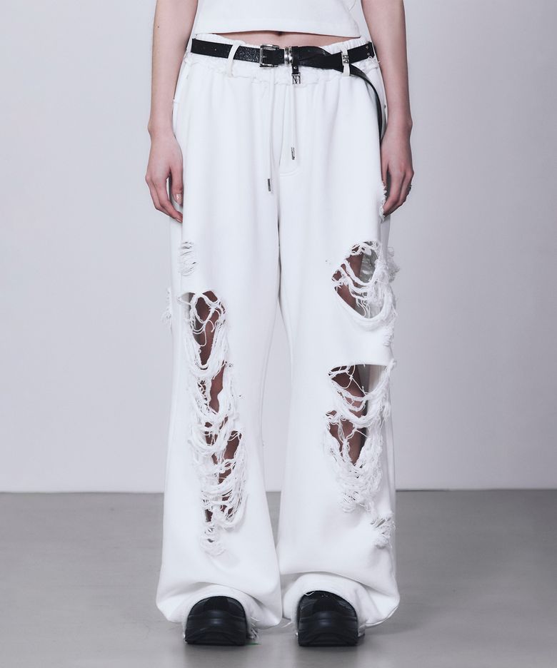 Scratch Damage Wide Sweat Pants [ White ]