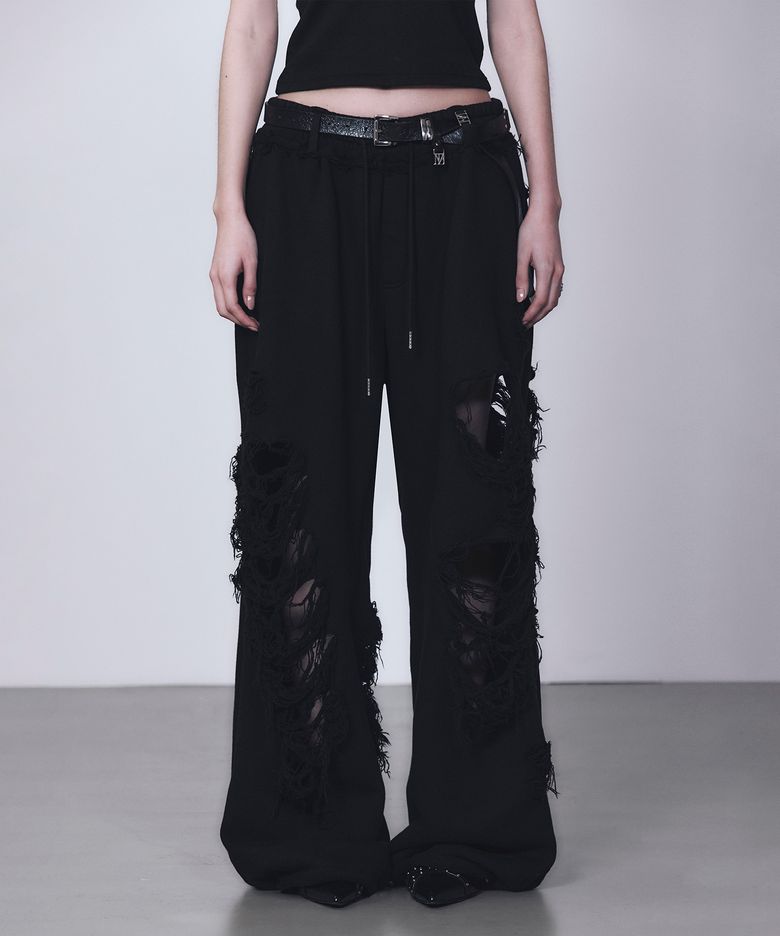 Scratch Damage Wide Sweat Pants [ Black ]
