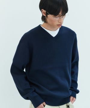 퓨어 코튼 브이넥 니트 [네이비]