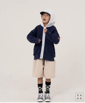 탑 오버사이즈 컬러 블록 풀집업 후디 점퍼 네이비