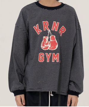 엔비 박서 스트라이프 와이드핏 긴팔티 네이비