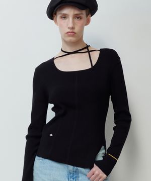 스트랩 스퀘어 넥 니트 BK