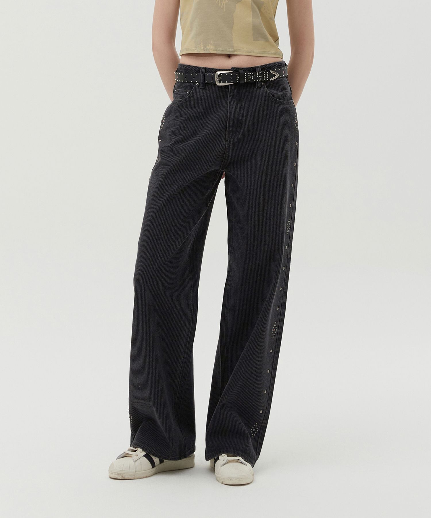 MUSINSA | KIRSH Striped Wide Fit Denim Pants [Charcoal]