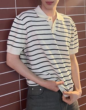 이지온 세미 오버핏 스트라이프 카라 반팔 니트 [아이보리]