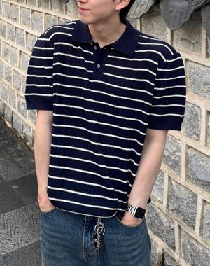 이지온 세미 오버핏 스트라이프 카라 반팔 니트 [네이비]