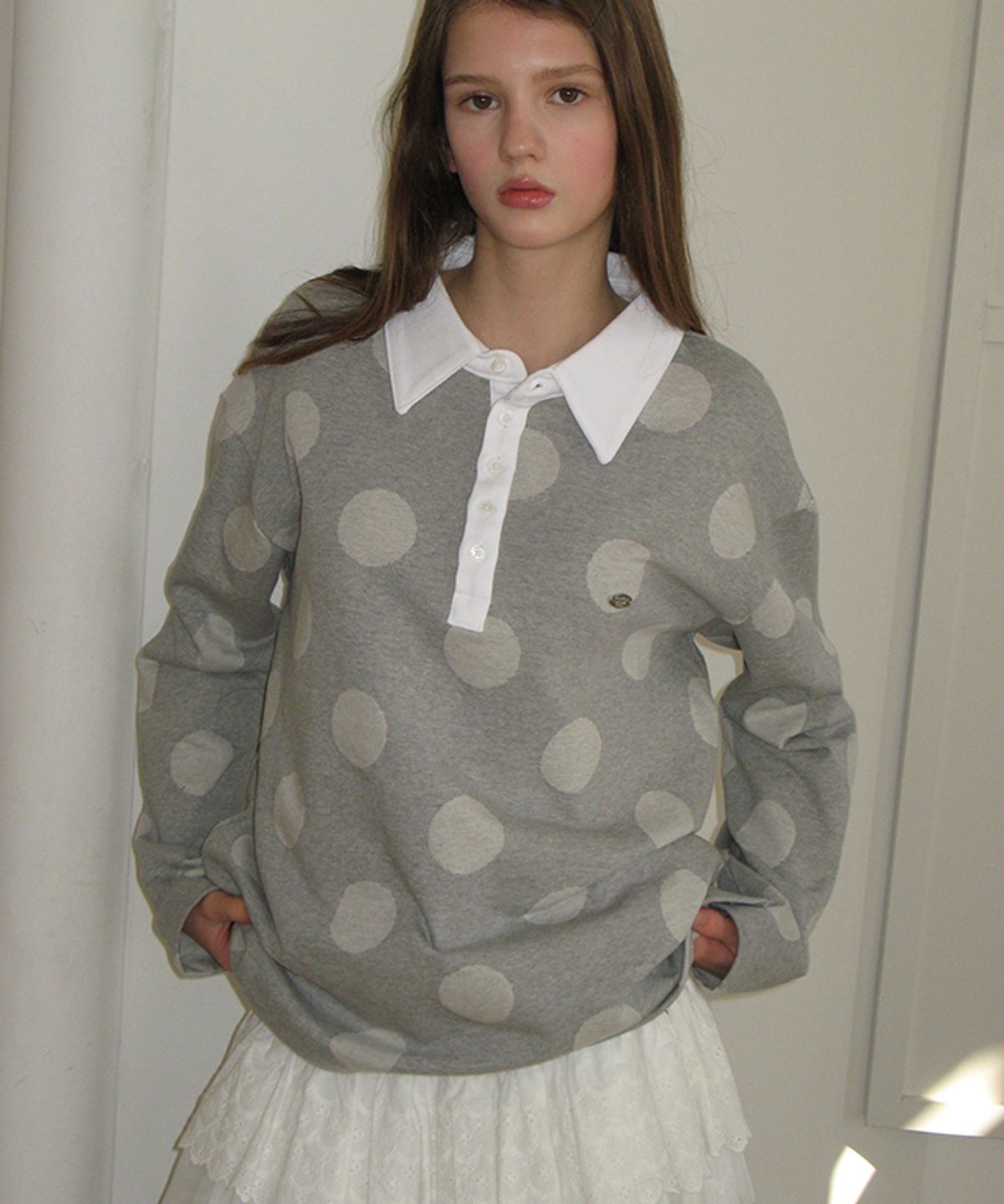 론론(RONRON) BIG DOT RUGBY HENRYNECK COLLAR T SHIRT GREY