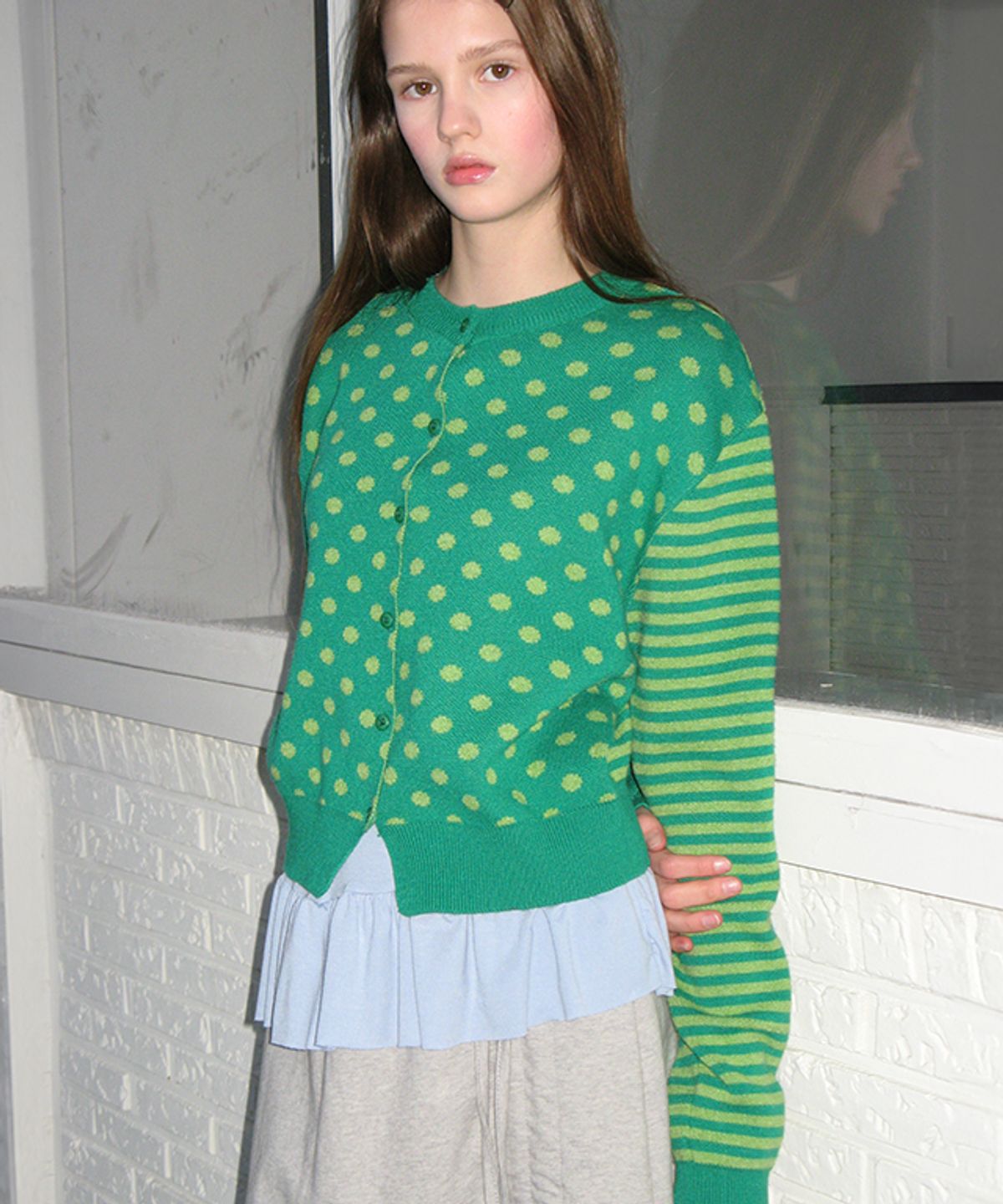 론론(RONRON) BACK STRIPE DOT KNIT CARDIGAN GREEN